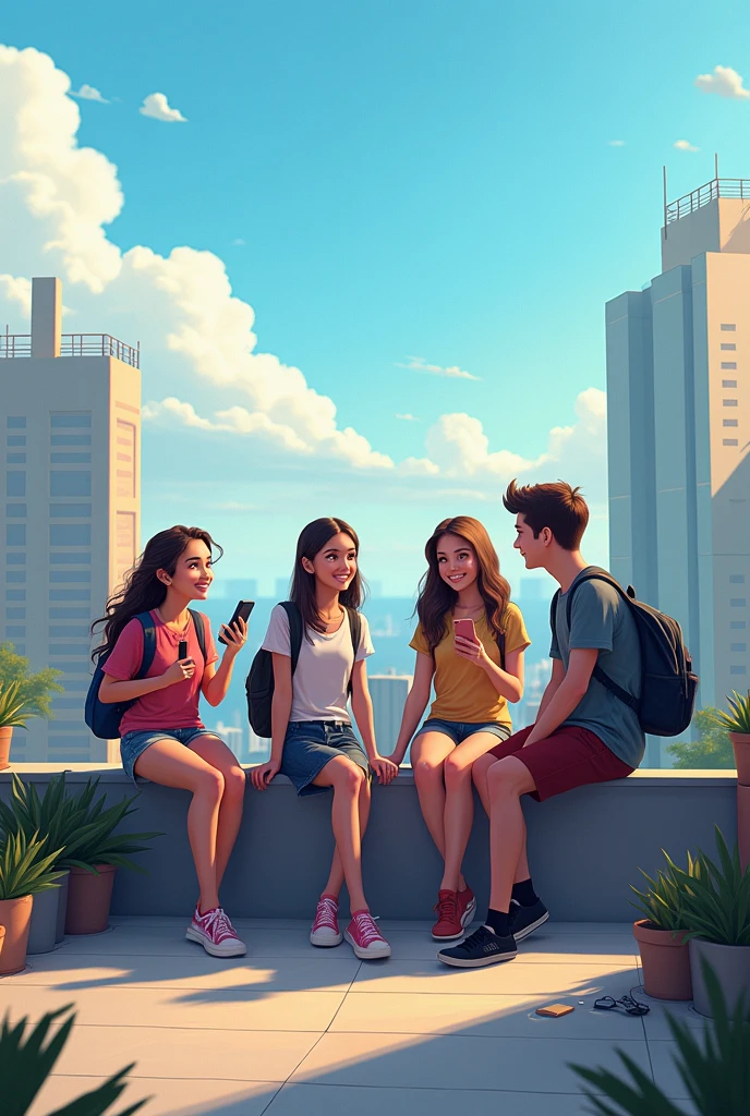 and a girled named emily who is also a student and a girl named sarah and a boy name jake and a boy named alex all on a rooftop