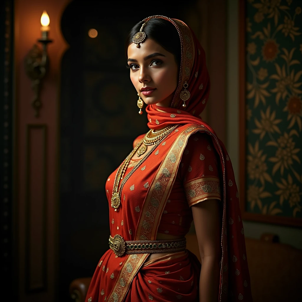 a beautiful traditional indian girl, 1girl, wearing a saree, thin gold waist chain around her navel, hijab covering her head tightly, very busty, perfect proportions, detailed facial features, beautiful eyes, nose, lips, long eyelashes, glowing skin, intricate saree details, detailed jewelry, dramatic lighting, cinematic composition, photorealistic, 8k, high quality, best quality, masterpiece