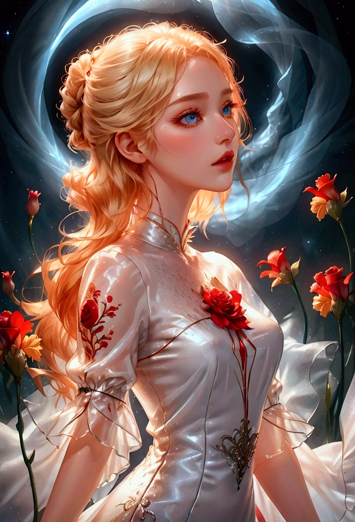 animated movie, best illustration, masterpiece, best quality, (focus only), (perfect face:1.1), (high detail:1.1), (very detailed eyes, high nose bridge, sharp jawline), dramatic, 1 person, (pale skin), long blonde hair_풍castle한 머리숱, Untidy hairstyle, (Red iris), vampire, castle스러운 빛, moon, (A dazzling white dress_Silk material made of light, Short sleeve puff sleeve), perfect face, perfect body, cleft chest, castle_detailed background, art by artgerm, red rose, fashion, Clear outline, Aesthetic,