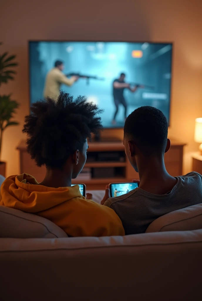 A teen couple aged 19, sitting together on a couch, playing call of duty mobile fps ,both dark skinned , natural style, casting onthe tv , 