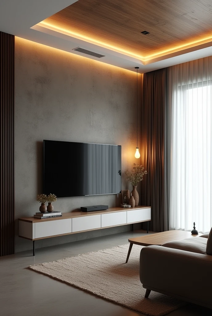 A modern and cozy living room with a gray floor and light walls. The wall where the TV is located has a dark burnt cement finish., creating an elegant contrast. The ceiling lining is made of PVC with a woody appearance, adding a touch of warmth to the environment. In the right corner of the room, there is a pendant light with two warm white light bulbs, that gently illuminates the space. The right wall is covered by a white curtain that stretches from end to end., giving a feeling of spaciousness. Below the TV, there is a vintage piece of furniture that houses some carefully selected decorative objects. To finish, a natural fabric rug covers part of the floor, on which is a coffee table made of natural wood, complementing the cozy and elegant look of the room. No LED lighting