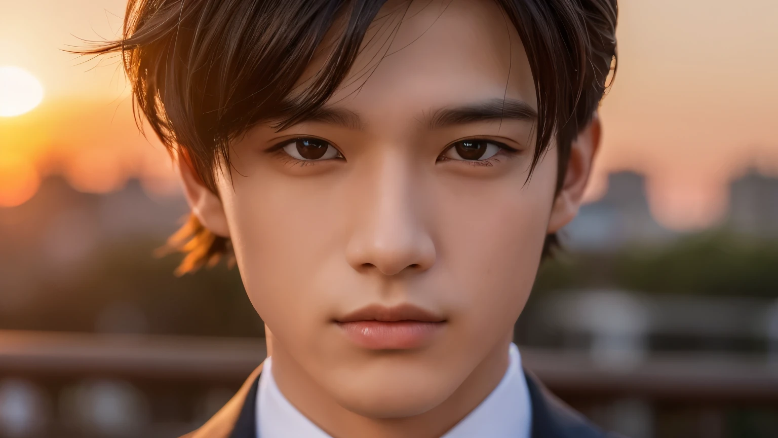 Highest quality, masterpiece, Ultra-high resolution, (Realistic: 1.4), Original photo, wallpaper, Head Photo, skin, Simple Background, Iris, detailed, Selfie, 1 person, 18-year-old, good looking, Wind,Handsome、male性、male、sunset、suit