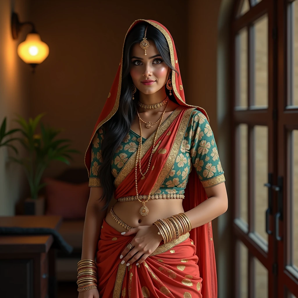 Hot beautiful busty Big boobies Traditional Indian girl in Saree wearing a thin gold Waist chain around her Navel. And covering her complete head tightly with Hijab