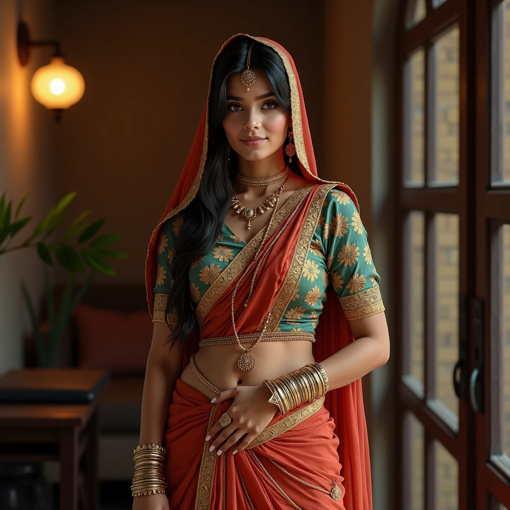 Hot beautiful busty Big boobies Traditional Indian girl in Saree wearing a thin gold Waist chain around her Navel. And covering her complete head tightly with Hijab