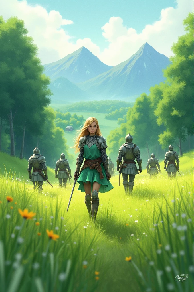 In a green meadow stands a girl leading a group of knights.
BREAK
With a brave expression, she guides them towards their destination.
BREAK
Behind her, a green forest stretches out and beyond that, mountains rise in the distance.
BREAK
The most suitable effect for this scene would be a watercolor painting technique to capture the softness of the meadow and the fluidity of the movement.
