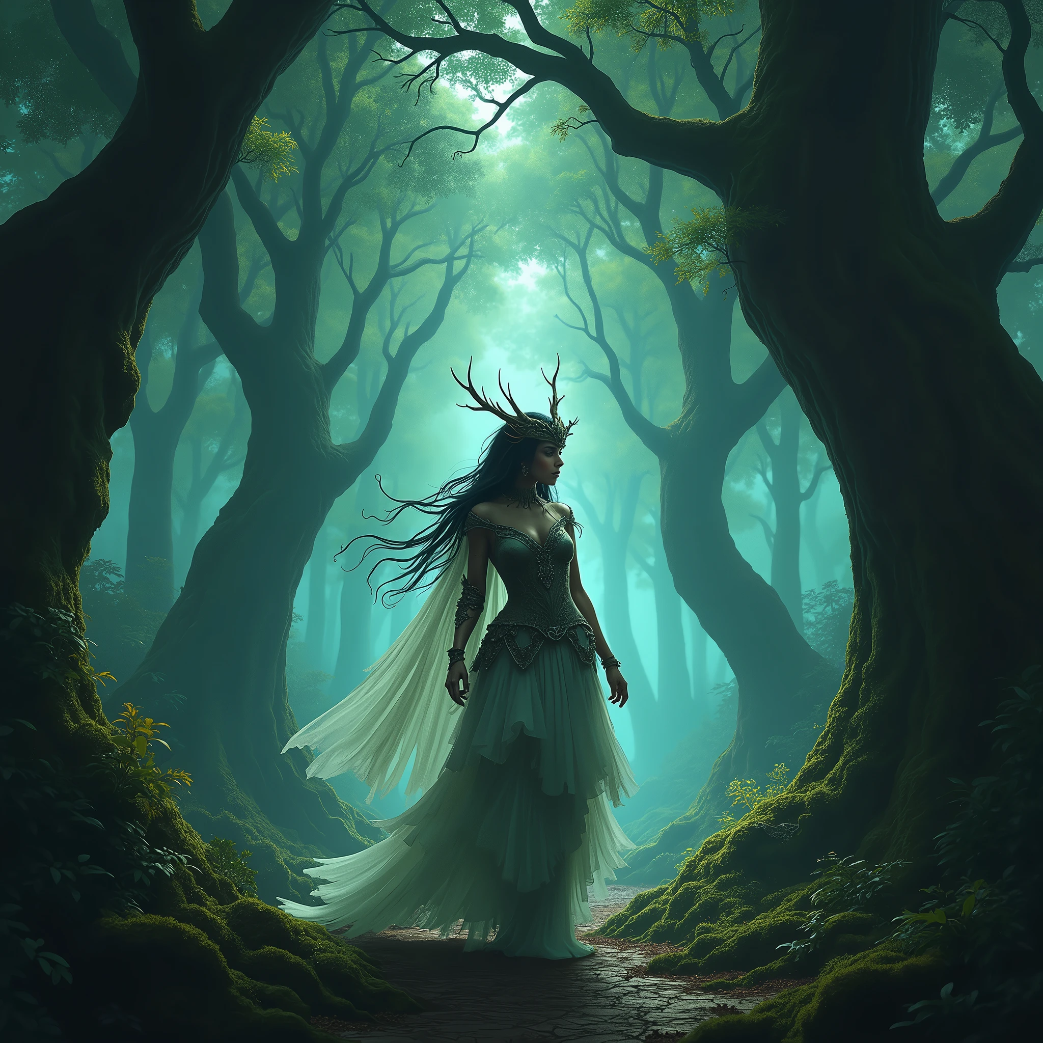 A fantasy character, with mythological characteristics, set in a mystical environment, like an enchanted forest with huge trees illuminated by a magical light. Art should be stylized and conceptual, with dramatic lighting that creates strong contrasts and deep shadows. Add intricate details to the costumes and scenery to create a sense of visual richness and mystery.