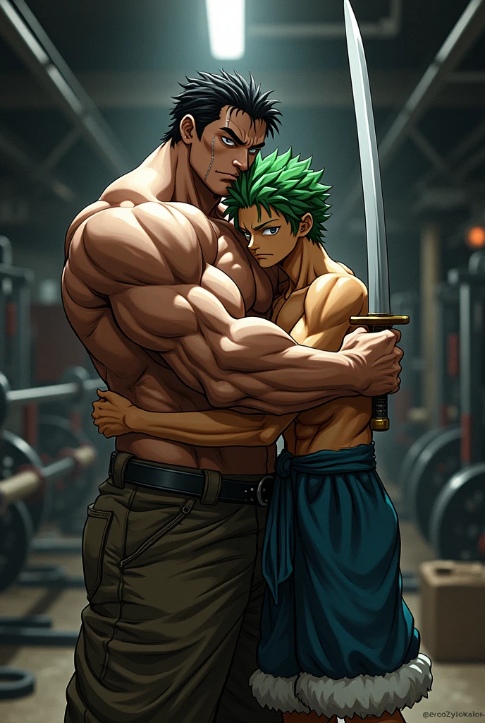 A shorter, muscular gym man hugging Zoro from One Piece