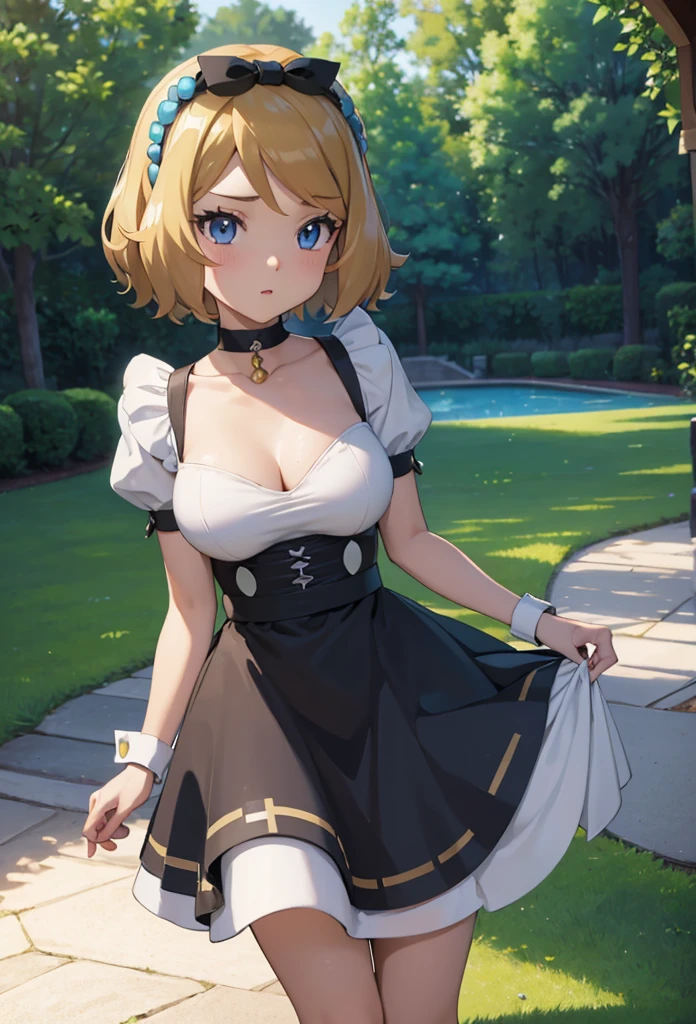 Masterpiece,Solo,1Girl,Serena,(Pokemon XY),Big Breasts,Perfect Body,Sexy Body Hot,Best Quality,High Resolution,Photograph 16K,Ultra Detailed,Beautiful,Beautiful Girl,Female Maid Prancis Theme,Female Maid Outfit Anime,Short Dress,Black And White Dress Prancis Cute ta,Blonde Hair,Hairband,Short Hair