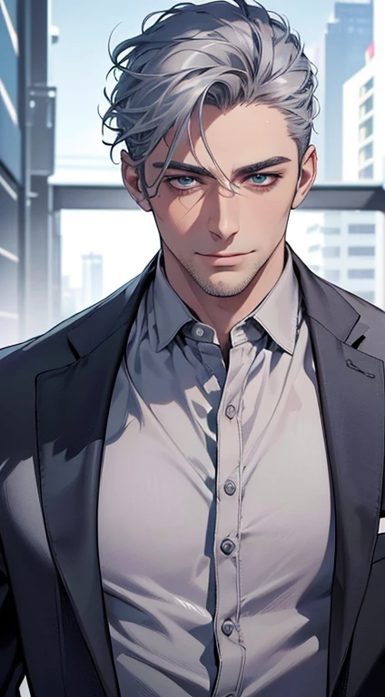 (best quality,4k,8k,highres,masterpiece:1.2),ultra-detailed,(realistic,photorealistic,photo-realistic:1.37),1 man,3,mature man,very handsome,without expression,smile,short grey blue hair,blue eyes,penetrating gaze,perfect face without errors,imposing posture,businessman,office background,cinematic lighting,hdr image