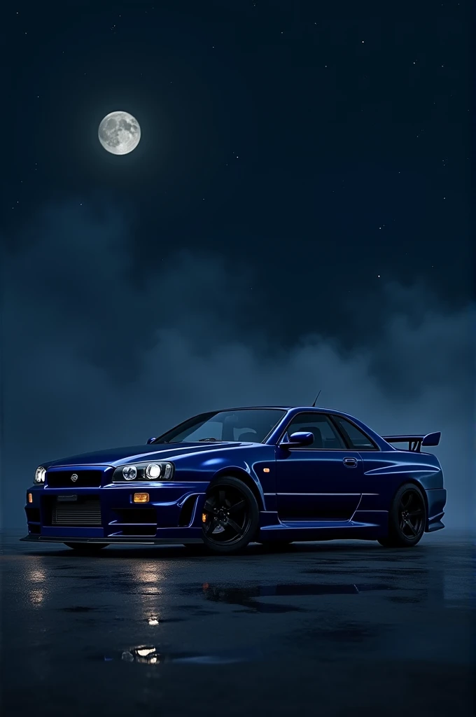Nissan Skyline r34 in navy blue on a very dark night