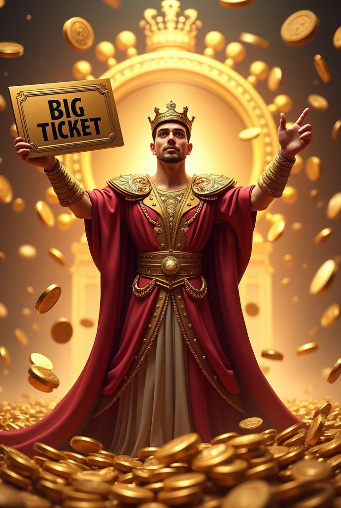 Write me bound winner on the front pose of the big ticket around splashing coins and tecket back in shahi big Prince and front said gold big box in coins claiming and top circle profile frame