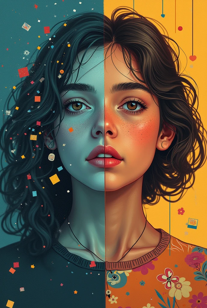 I need a drawing that expresses the difference of a world without values, Lacking empathy, information saturated vs a world with critical thinking, with values where young people find their identity