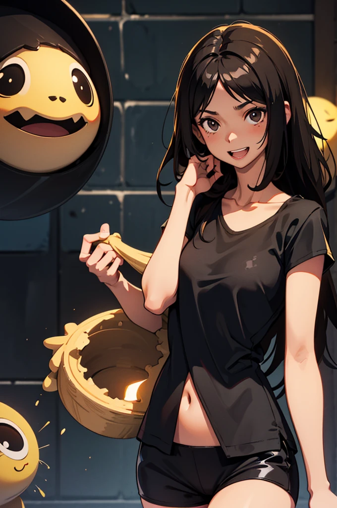 light brown-skinned woman, black hair, black eyes with dark circles, Skinny body, wearing a black t-shirt and a happy expression