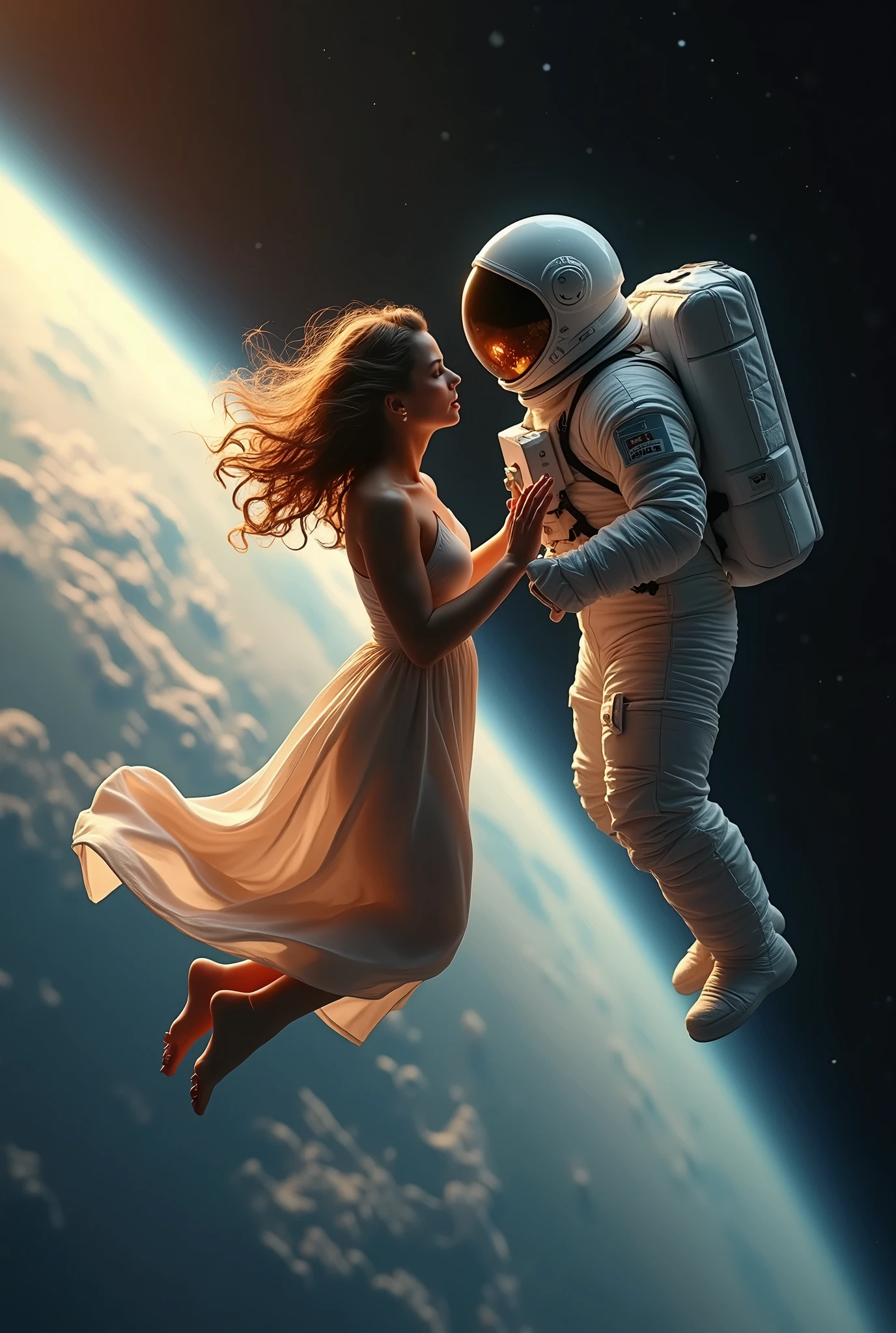 Style hiperrealistic. "Create a dramatic and intimate scene for a video teaser, set in the vastness of space. A woman, suspended in zero gravity,
floats towards an astronaut, also weightless, with the curvature of the Earth looming in the distant background. The woman wears a elegant, flowing dress, her hair and fabric drifting freely in the absence of gravity. In stark contrast, the astronaut is fully clad in a bulky, white spacesuit, their helmet's visor reflecting the woman's alluring gaze. As she draws closer, her lips seem to yearn for a kiss, the tension between them palpable.
The scene is bathed in a warm, ethereal light, with the stars twinkling like diamonds against the blackness of space."