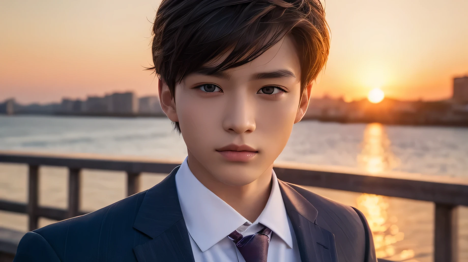 Highest quality, masterpiece, Ultra-high resolution, (Realistic: 1.4), Original photo, wallpaper, Head Photo, skin, Simple Background, Iris, detailed, Selfie, 1 person, 18-year-old, good looking, Wind,Handsome、male性、male、sunset、suit