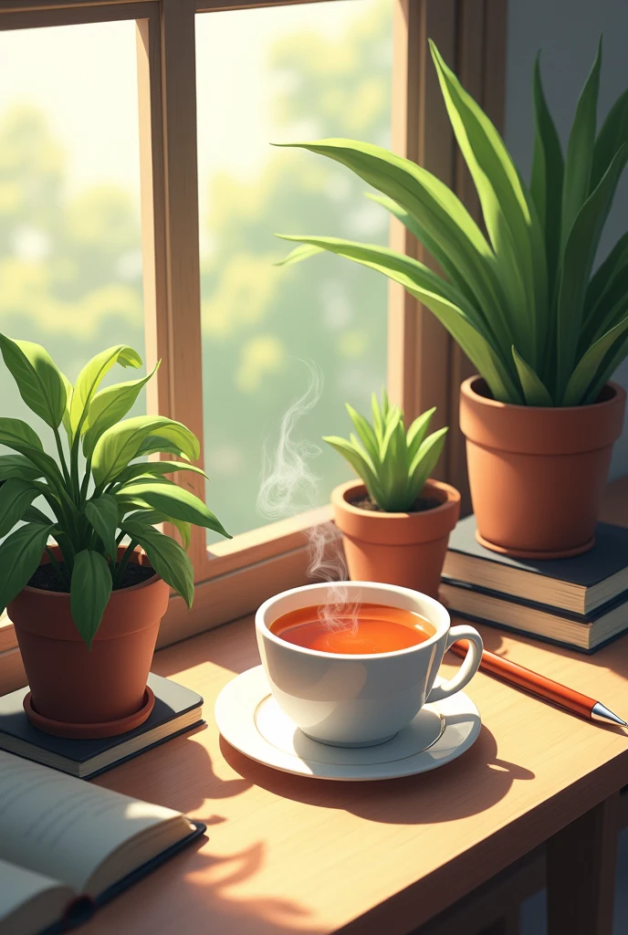 Hot cup of tea nearby window with potted plants with books and pen