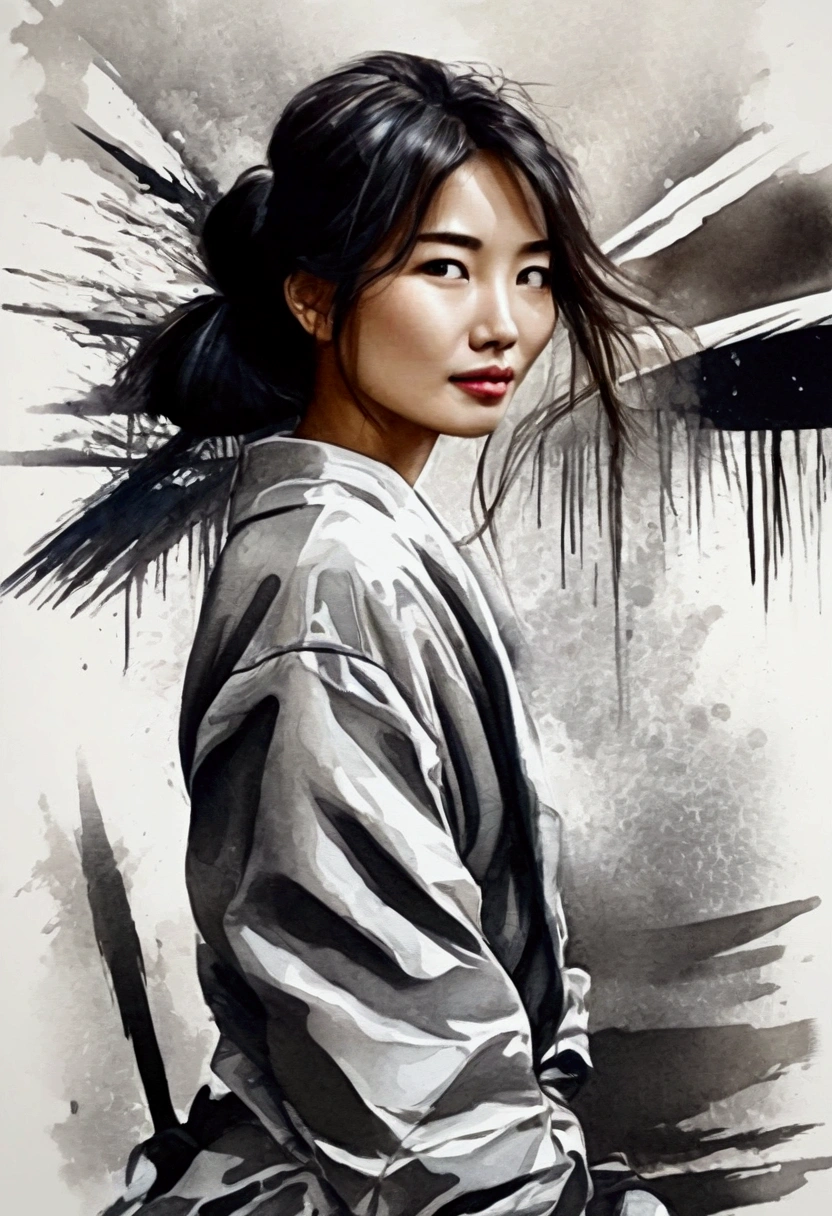 young japanese woman illustration with splatter background and spray paint effect, making: Eugeniusz Zak, Watercolor art, making: lotz karoly, Watercolor painting, Watercolor painting style, Watercolor detail art, making: Reuben Tam, Watercolor Digital Painting, water colour, Amazingly detailed watercolors, Watercolor art, Grzegorz Lutkowski