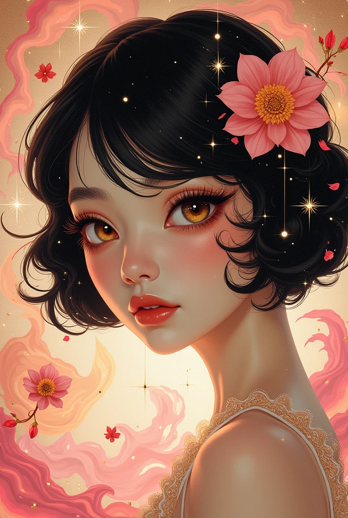 (Japanese girl:1.3), beautiful detailed eyes, beautiful detailed lips, extremely detailed eyes and face, long eyelashes, upper body, from side, looking at viewer, (fractal art:1.3), (rainbow color hair, colorful hair, half pink and half gold hair:1.2), water, liquid, cloud, colorful, starry, stars, (best quality, 4k, 8k, highres, masterpiece:1.2), ultra-detailed, (realistic, photorealistic, photo-realistic:1.37), vibrant colors, studio lighting, extremely detailed description, professional, concept art, surreal, 1920s french vibe, monochromatic gold and pink palette, in the style of french illustrator moebius,