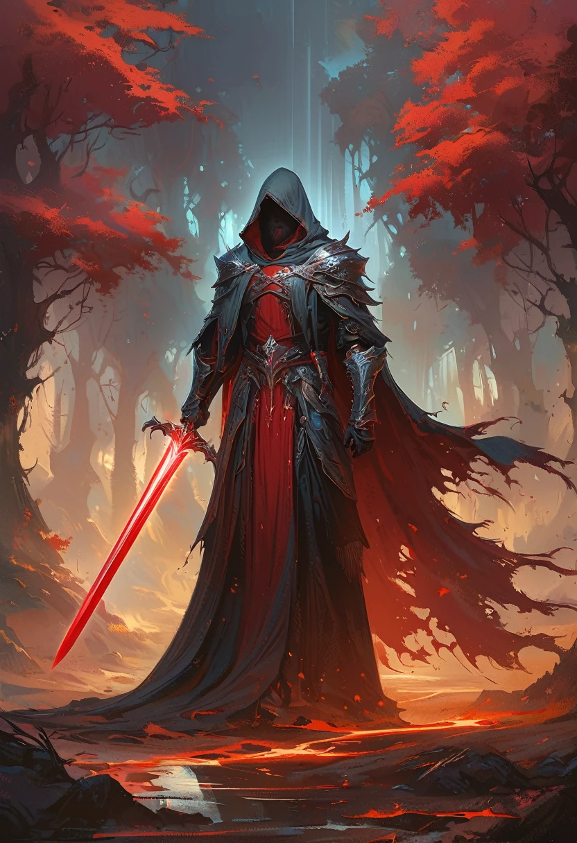 a man in a cloak holding a sword in a dark black and Red forest, hold sword in the forest, Glowing sword (Red),dark fantasy style art, Dark Fantasy Artwork, 8k fantasy art, dark fantasy style, fantasy art 4k, Epic Fantasy Art Style HD, Dark Fantasy Art, Dark fantasy concept art, Epic fantasy digital art style, in style of Dark Fantasy Art, Glowing sword in hand