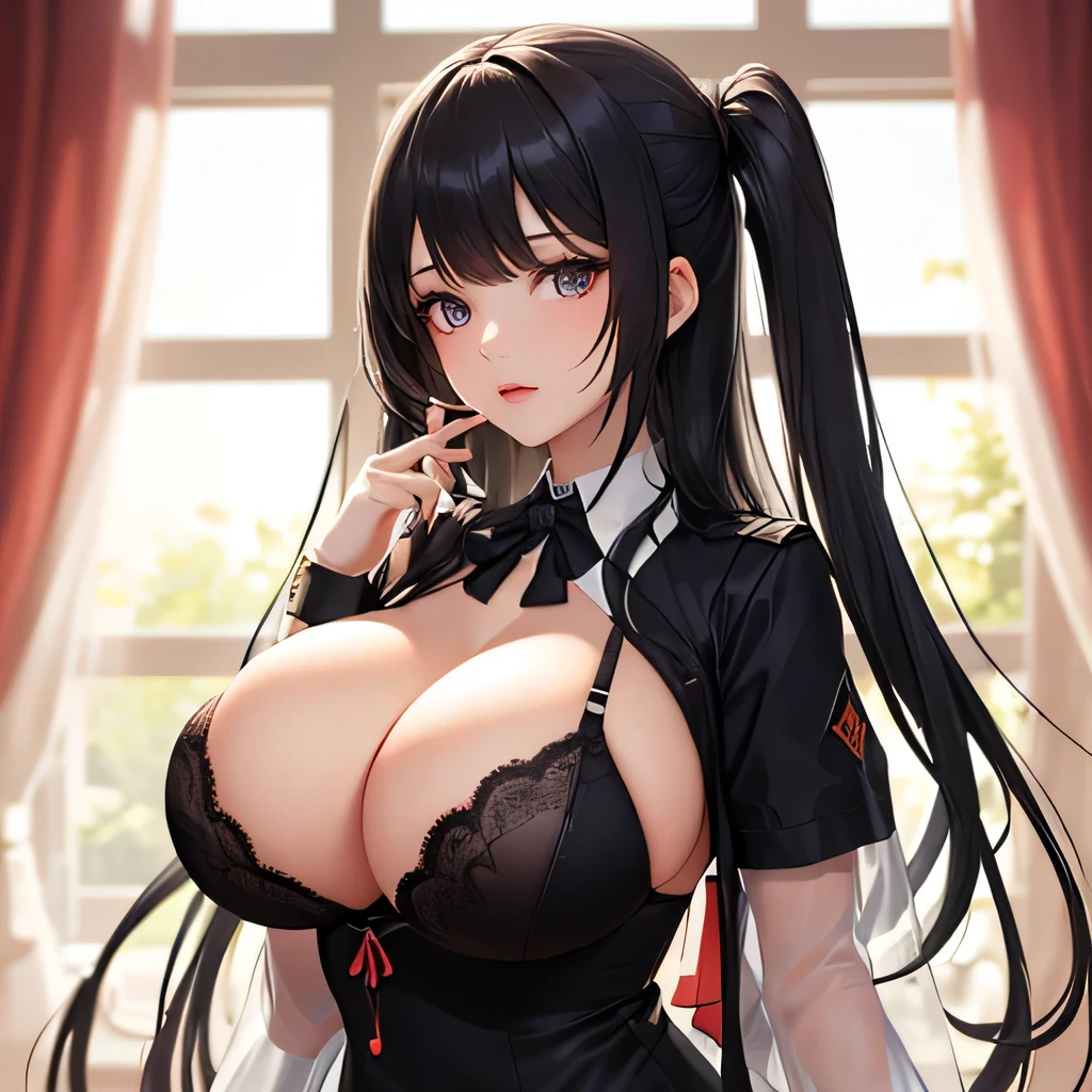 girl, bbw | fully mature woman, friedrich der grosse \(azur lane\) : 0.5, oversized gigantic breast,skindentation,(see-through | zentai | fishnet string bra on top | schoolgirl uniform | dress),