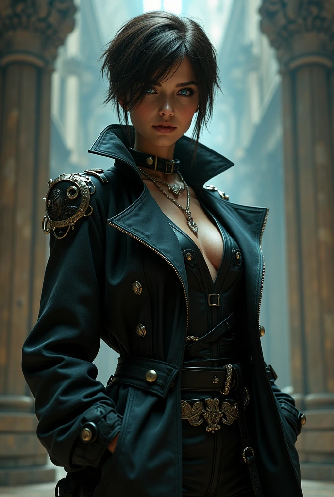 one Beautiful woman. Dark brown hair, pixie haircut. blue eyes. daring outfit. goth tomboy. maidenly charm. space rogue assassin. trenchcoat. Dark sci-fi. Warhammer 40k. Dieselpunk. baroque oil painting.