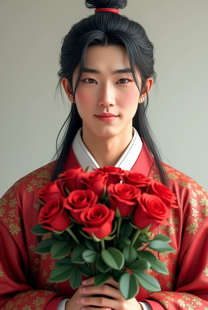 a korean guy wearing hangbok holding a bouquet of roses,realistic,long hair tied roughly