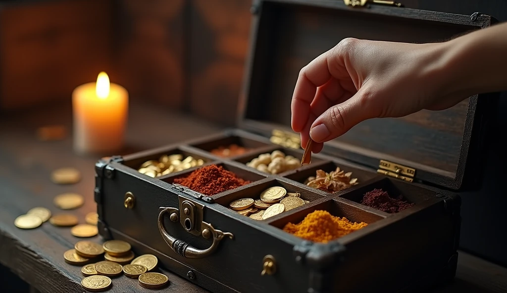 Create a hyper-realistic and mysterious image of an open antique wooden chest, divided into compartments, where different types of riches are stored: gold-coins, gem stones, land documents, and rare es. A hand is carefully closing the chest, symbolizing the protection and security that comes from diversification. Ao fundo, softly blurred, there is a lit candle that gently illuminates the inside of the chest, creating an atmosphere of care and prudence. The scene should highlight that diversification is a way to protect the future against financial uncertainty..