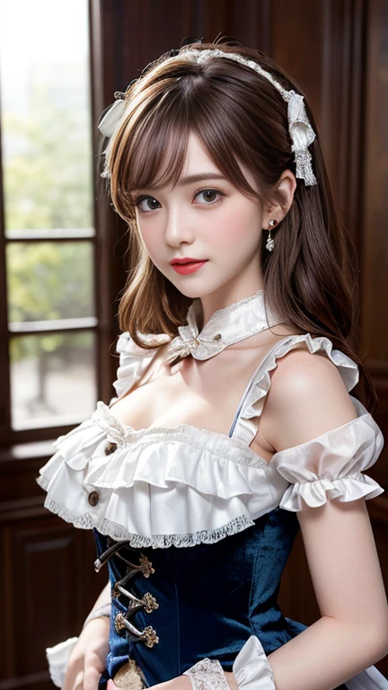 1 girl, very bright backlighting, solo, {beautiful and detailed eyes},large breasts, calm expression, natural and soft light, hair blown by the breeze, delicate facial features, Blunt bangs, beautiful Russian girl,eye smile, very small earrings, 22yo, ((model pose)), Glamor body type,(half red and half brown hair), flim grain, realhands, masterpiece, Best Quality, photorealistic, ultra-detailed, finely detailed, high resolution,brown messy hair, perfect dynamic composition, beautiful detailed eyes, Russian girl,((nervous and embarrassed)),sharp-focus, beautymix, FilmGirl,(smile),(wearing a baroque style ta fashion:1.3),(decorated with colorful lace:1.3),(white ruffles:1.3),(velvet ribbons:1.3),(ornate buttons and brooches decorate the bodice:1.3), facing reality,(cowboy shot:1.5),model posing