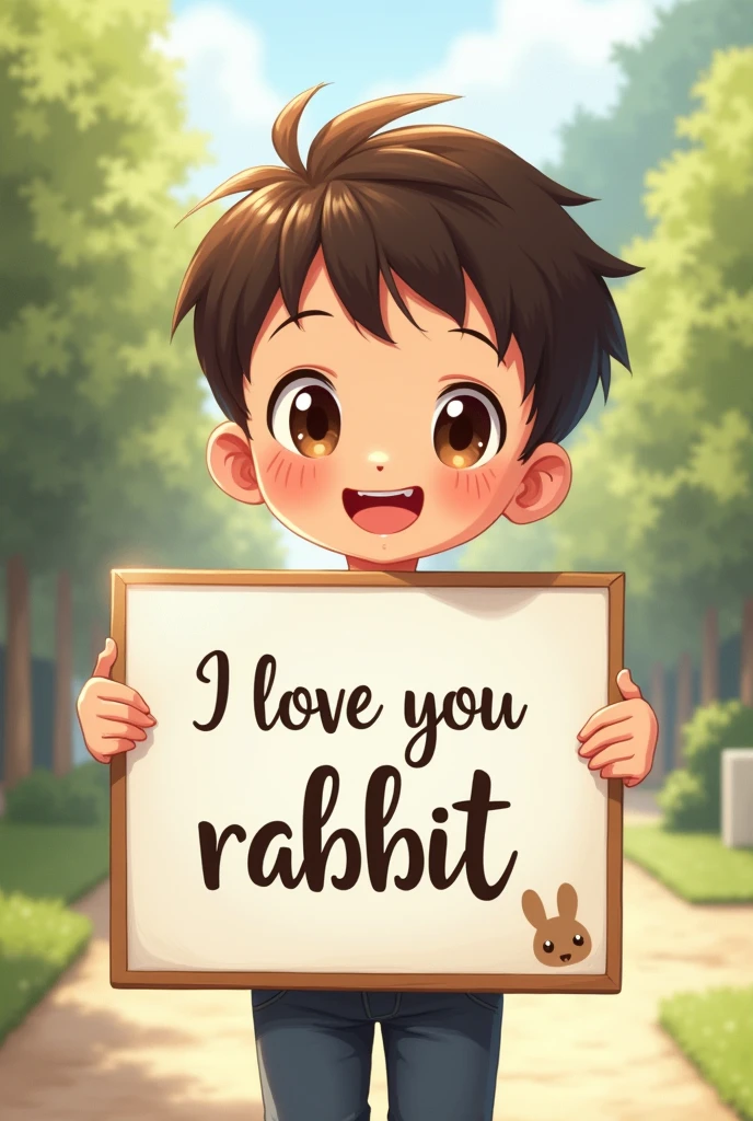 a beautiful and cute boy holding up a sign "i love you Rabbit", joyful, happy, anime illustration, photorealistic, oil painting