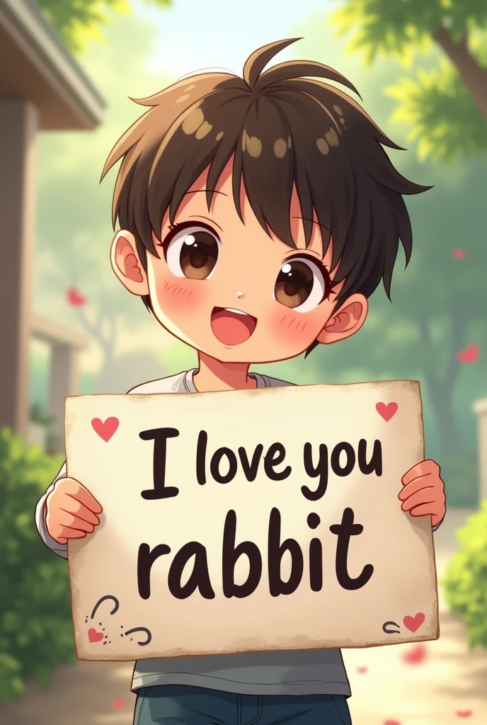 a beautiful and cute boy holding up a sign "i love you Rabbit", joyful, happy, anime illustration, photorealistic, oil painting