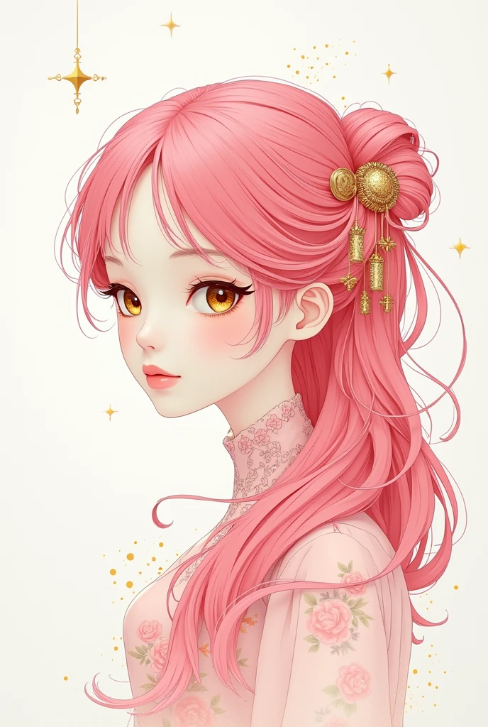 (White background:1.4),(Girl&#39;s head silhouette, detailed gold eyes, Long pink hair, Oriental elements)，(Chinese illustration:1.3，Paper Art:1.3, キルティングPaper Art:1.2),( Streamlined Design, Clear lines, High sharpness,Better Quality, Very detailed, Master Parts, Film Light Effect, 4K ) Illustration design, porcelain doll skin, beautiful detailed eyes, beautiful detailed lips, extremely detailed gold eyes and face, long eyelashes, upper body, from side, looking at viewer, (fractal art:1.3), (pink hair:1.2), water, liquid, cloud, colorful, starry, stars, (best quality, 4k, 8k, highres, masterpiece:1.2), ultra-detailed, (realistic, photorealistic, photo-realistic:1.37), vibrant colors, studio lighting, extremely detailed description, professional, concept art, surreal, 1920s french vibe, monochromatic gold and pink palette, in the style of french illustrator moebius, gold elements, ornate gold border, 