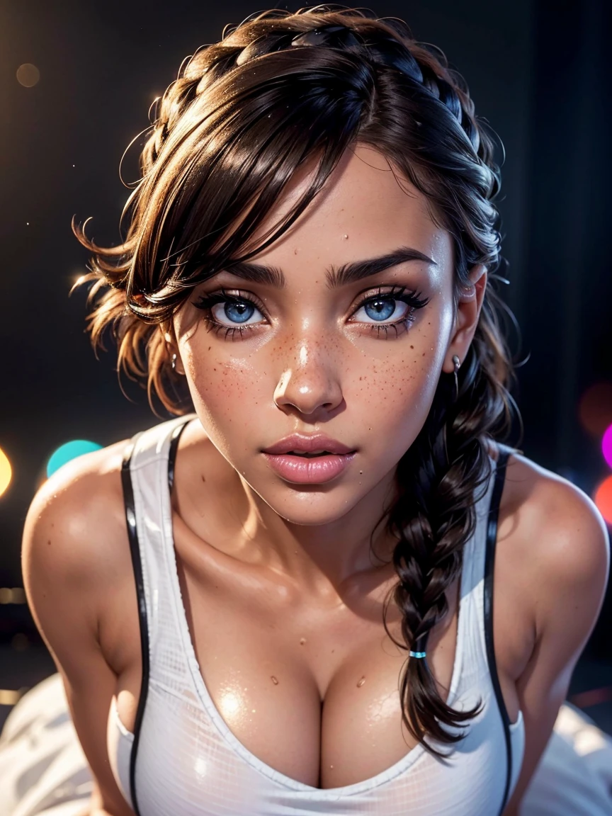 (UHD, retina, masterpiece, award-winning, accurate, anatomically correct, textured skin, super detail, high details, high quality, best quality, high res, 1080P, HD, 4K, 8k, 16k, 32k), hyper realistic, (bright studio lighting), (beautiful detailed amber eyes, beautiful detailed lips, extremely detailed eyes and face), sexy pouty lips, full lips, (physically-based rendering), vivid colors, (large breasts), ((white bodycon club dress)), (closeup shot, portrait, shiny brown French braid, side wept bangs, shiny black skin, blush), (bokeh), eye reflection, blurred background, ultra detailed skin texture, extreme details, (very dark skin), freckles, soft lights, sexy pose, provocative posture, (perfecteyes)