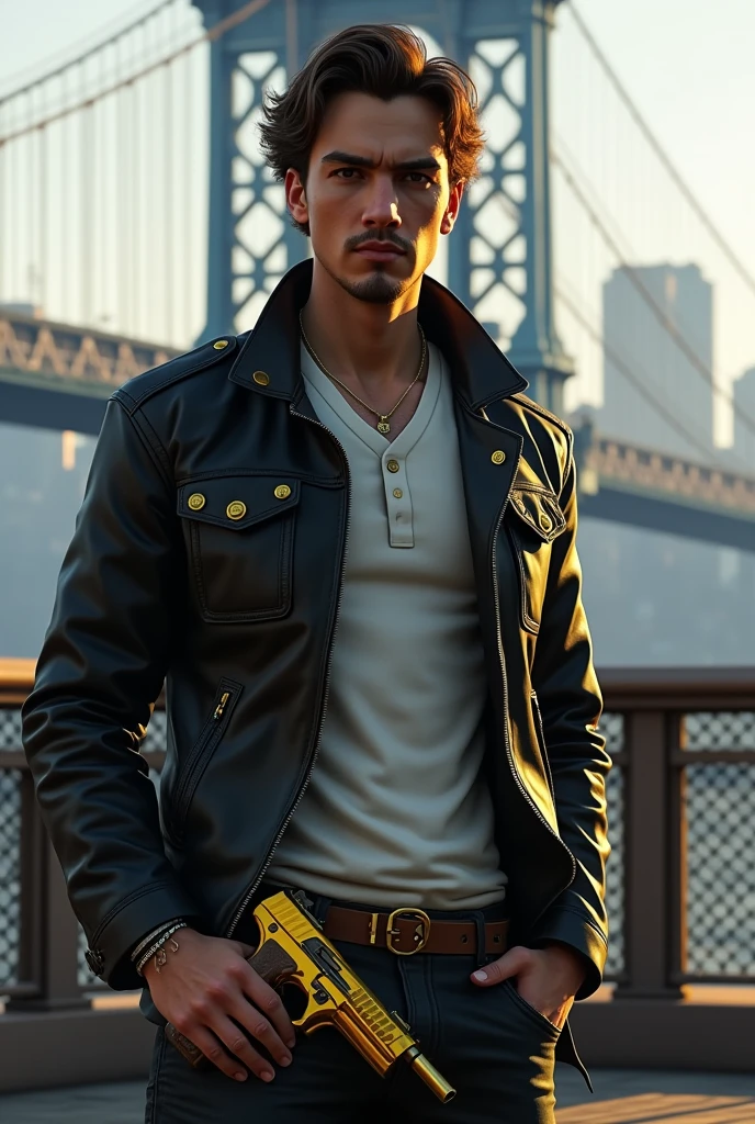 A 20-year-old young man with brown hair, thin beard and a serious expression, illustrated in a detailed gta v style. He is wearing a black leather jacket with yellow-brown accessories, white shirt, such as buckles and patches. A pair of golden uzi 9mm pistols is holstered at his waist, gleaming subtly. A pair of golden pistols is holstered at his waist, gleaming subtly. The background features the iconic Manhattan Bridge in New York City, with the urban landscape visible in the distance, creating a dramatic and modern setting.