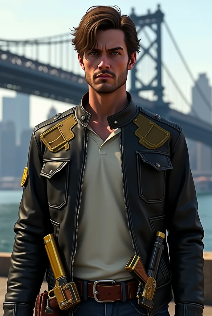 A 20-year-old young man with brown hair, thin beard and a serious expression, illustrated in a detailed gta v style. He is wearing a black leather jacket with yellow-brown accessories, white shirt, such as buckles and patches. A pair of golden uzi 9mm pistols is holstered at his waist, gleaming subtly. A pair of golden pistols is holstered at his waist, gleaming subtly. The background features the iconic Manhattan Bridge in New York City, with the urban landscape visible in the distance, creating a dramatic and modern setting.