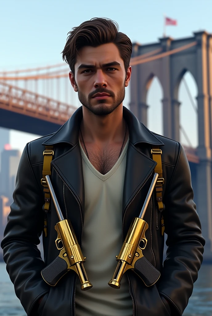 A 20-year-old young man with brown hair, thin beard and a serious expression, illustrated in a detailed gta v style. He is wearing a black leather jacket with yellow-brown accessories, white shirt, such as buckles and patches. A pair of golden uzi 9mm pistols is holstered at his waist, gleaming subtly. A pair of golden pistols is holstered at his waist, gleaming subtly. The background features the iconic Manhattan Bridge in New York City, with the urban landscape visible in the distance, creating a dramatic and modern setting.