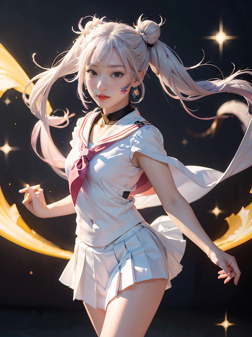 photorealistic, (hyperrealistic:1.2), (extremely detailed CG unity 8k wallpaper), (ultra-detailed), masterpiece, best quality, 1girl, sailor cosmos, standing, fullbody,  solo, long hair, skirt, hair ornament, twintails, jewelry, purple eyes, white hair, pleated skirt, earrings, choker, sailor collar, hair bun, cape, character name, double bun, facial mark, white skirt, brooch, white sailor collar, hairpin, forehead mark, white choker, sailor senshi uniform, holding staff