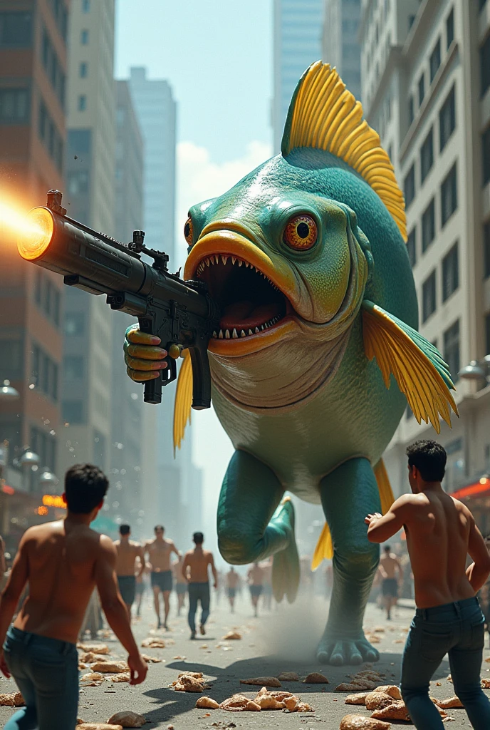 A fish with a machine gun shooting at humans