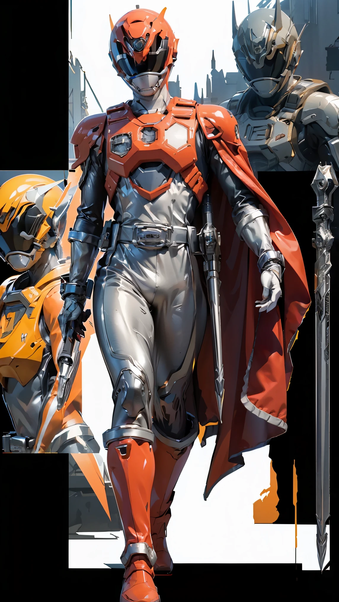 1boy, full body, Illustration, cinematic light, high resolution, best quality, ultra detailed, masterpiece, power suit, powerranger, suit, spd, (Silver and Gold chestplate), red and gold detail, (((white suit))),
