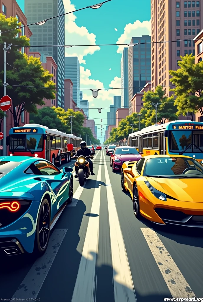 Help me create an image that contains cars, motorcycles, and care signs (transit) for awareness-raising propaganda
