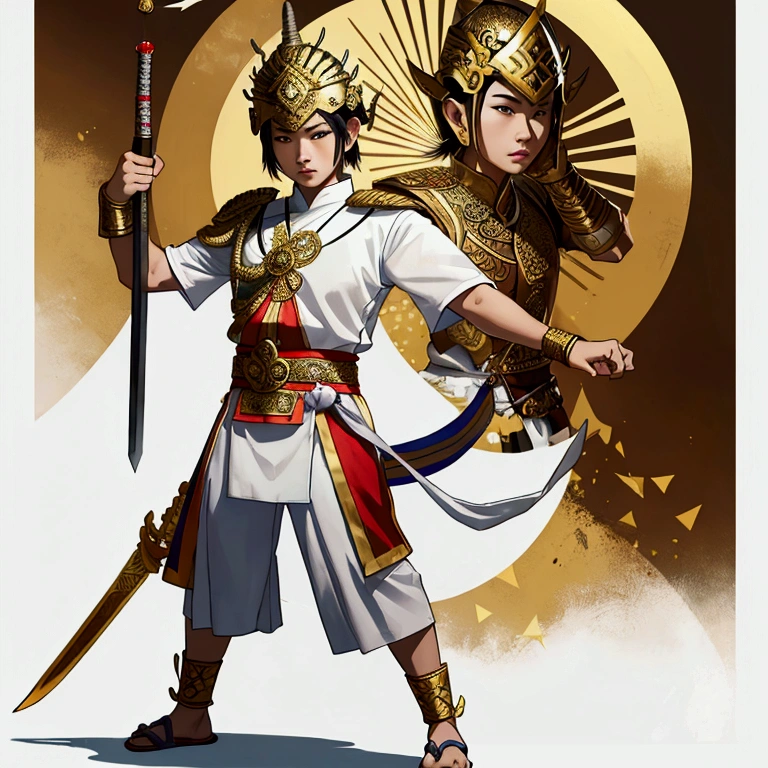 man,Wearing Thai warrior costume,Wear white.,holding a sword,short hair, shoe ,Wearing a Thai war helmet,Thai Ayutthaya