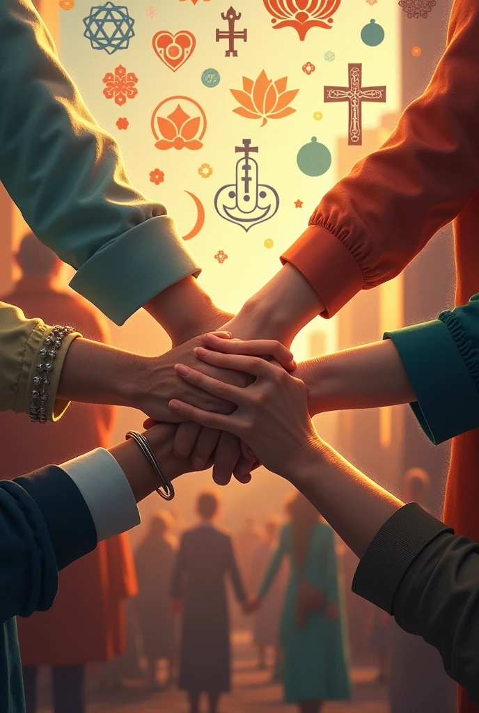  A powerful image of diverse people holding hands, with a background featuring symbols of various religions. make it a bit realistic and no faces