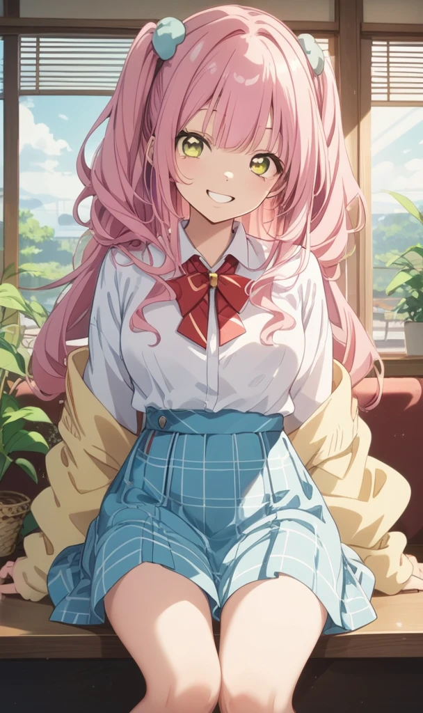 ((masterpiece、Highest quality))1 person、cute、My Favorites 、alone、Idol、skirt、Pink Hair、Half Twin Style、Long Hairstyles、Yellow Eyes、プリーツskirt、smile、dance、sing、sight、Red cheeks、vocalist、 cuteポーズ、Loud cheers、Surrounded by music、toy poodle