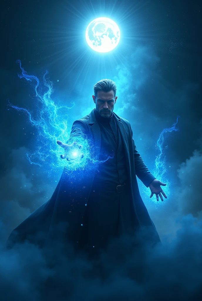 A man hand blue light magic background space with sun