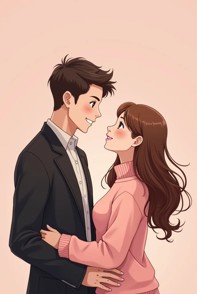 A vertical 9:16 illustration of a happy couple facing each other with smiles. The husband wears a black jacket, and the wife wears a pink sweater. The background is a soft pastel pink or salmon pink. The overall style features delicate and smooth linework, with thin lines and gentle curves, giving a soft impression. The shading is light and soft, with subtle shadows and highlights to maintain balance. The characters have large, anime-style eyes, with detailed, flowing hair that conveys a sense o