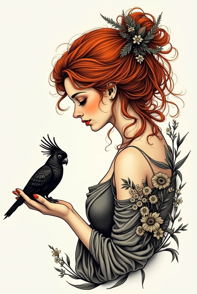 Create me a blackwork style tattoo illustration, a woman in profile using the work of Alfons Mucha as a reference, Primrose de 1899. She is holding a Palm Cockatoo in her hand., looking at her. The hair is loose, wavy and red. Place references to elements that refer to the goddess Venus and the symbol of the feminine