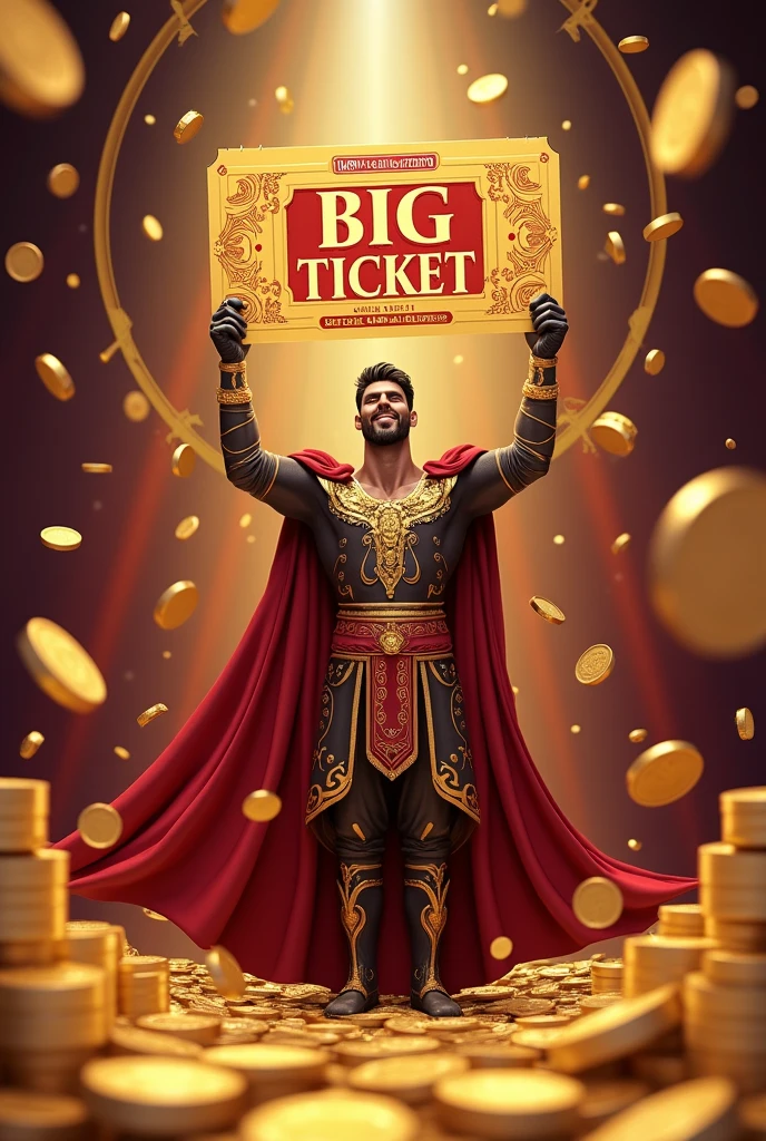 Write me bound winner on the front pose of the big ticket around splashing coins and tecket back in shahi big Prince and front said gold big box in coins claiming and top circle profile frame