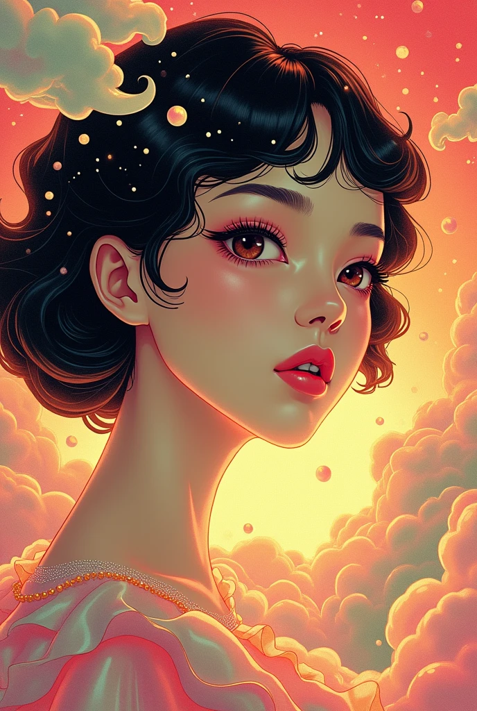 (Japanese girl:1.3), beautiful detailed eyes, beautiful detailed lips, extremely detailed eyes and face, long eyelashes, upper body, from side, looking at viewer, (fractal art:1.3), (rainbow color hair, colorful hair, half pink and half gold hair:1.2), water, liquid, cloud, colorful, starry, stars, (best quality, 4k, 8k, highres, masterpiece:1.2), ultra-detailed, (realistic, photorealistic, photo-realistic:1.37), vibrant colors, studio lighting, extremely detailed description, professional, concept art, surreal, 1920s french vibe, monochromatic gold and pink palette, in the style of french illustrator moebius, 