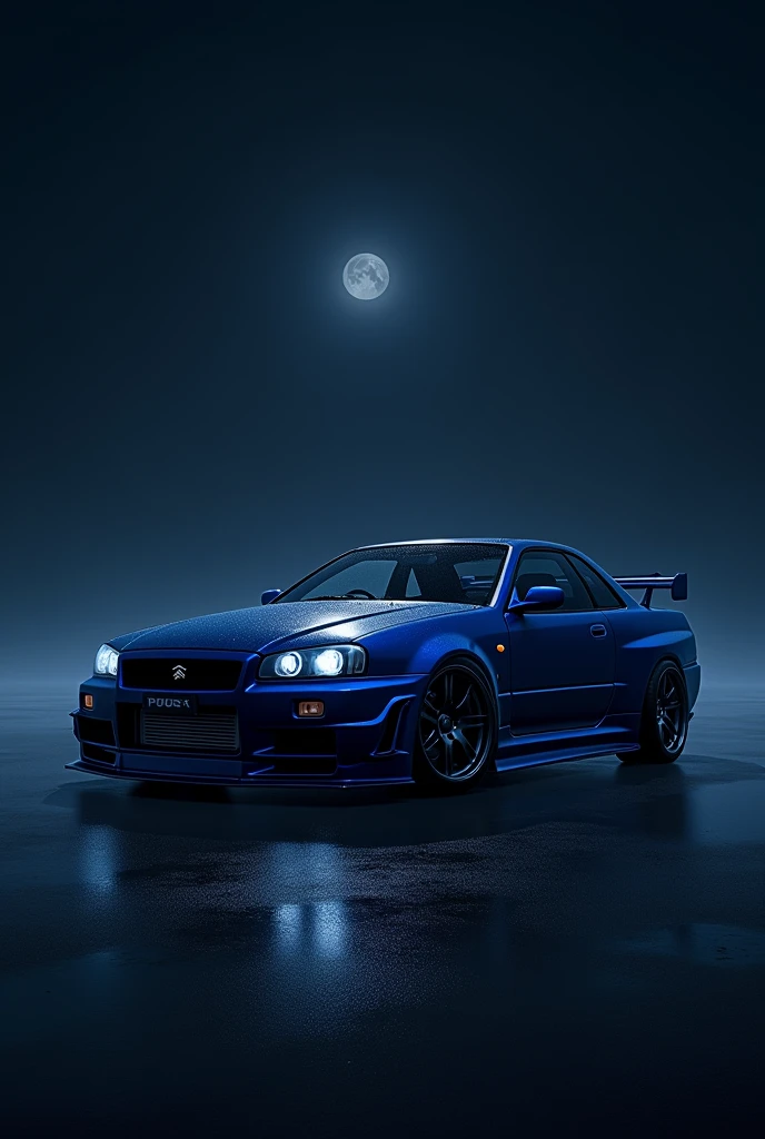 Nissan Skyline r34 in navy blue on a very dark night