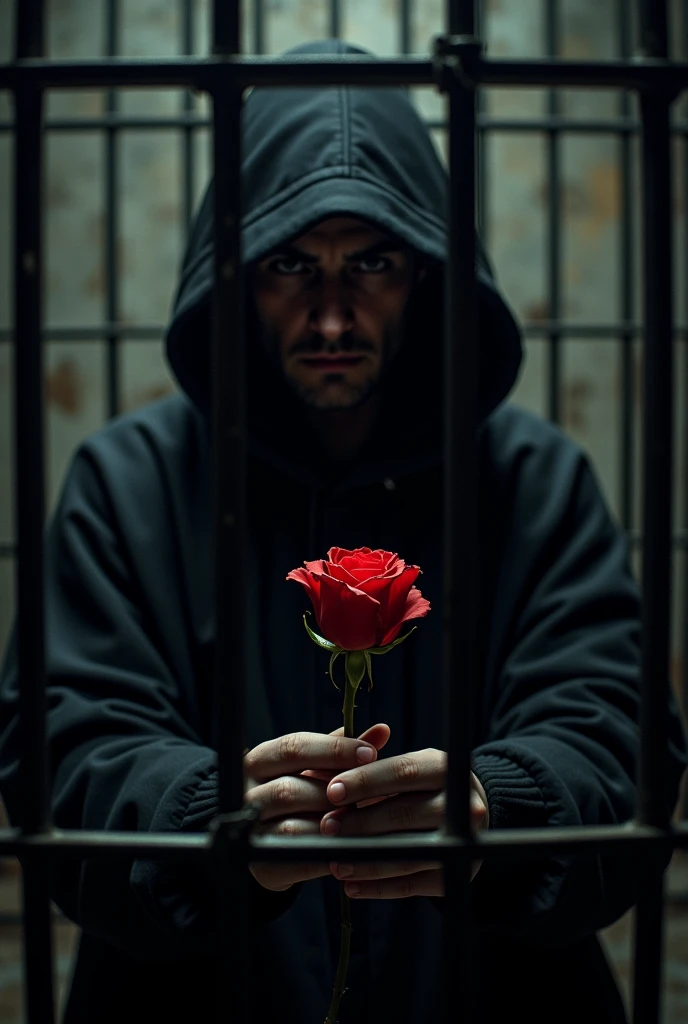 A mysterious-faced prisoner partially hidden amidst the shadows of a dark, barred cell holding a burning red rose in the center.