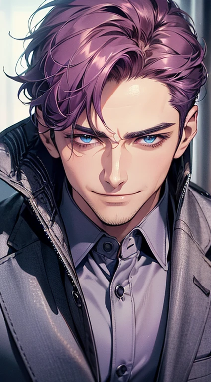 (best quality, masterpiece, 8K, photorealistic, cinematic lighting, 1:4 hdr image, ultra detailed, beautiful image), a mature man, 35 years very handsome, ((cold expression smile in love)), short  purple hair, blue eyes, face perfect without mistakes, ((buttoning his jacket, CEO)), smile.